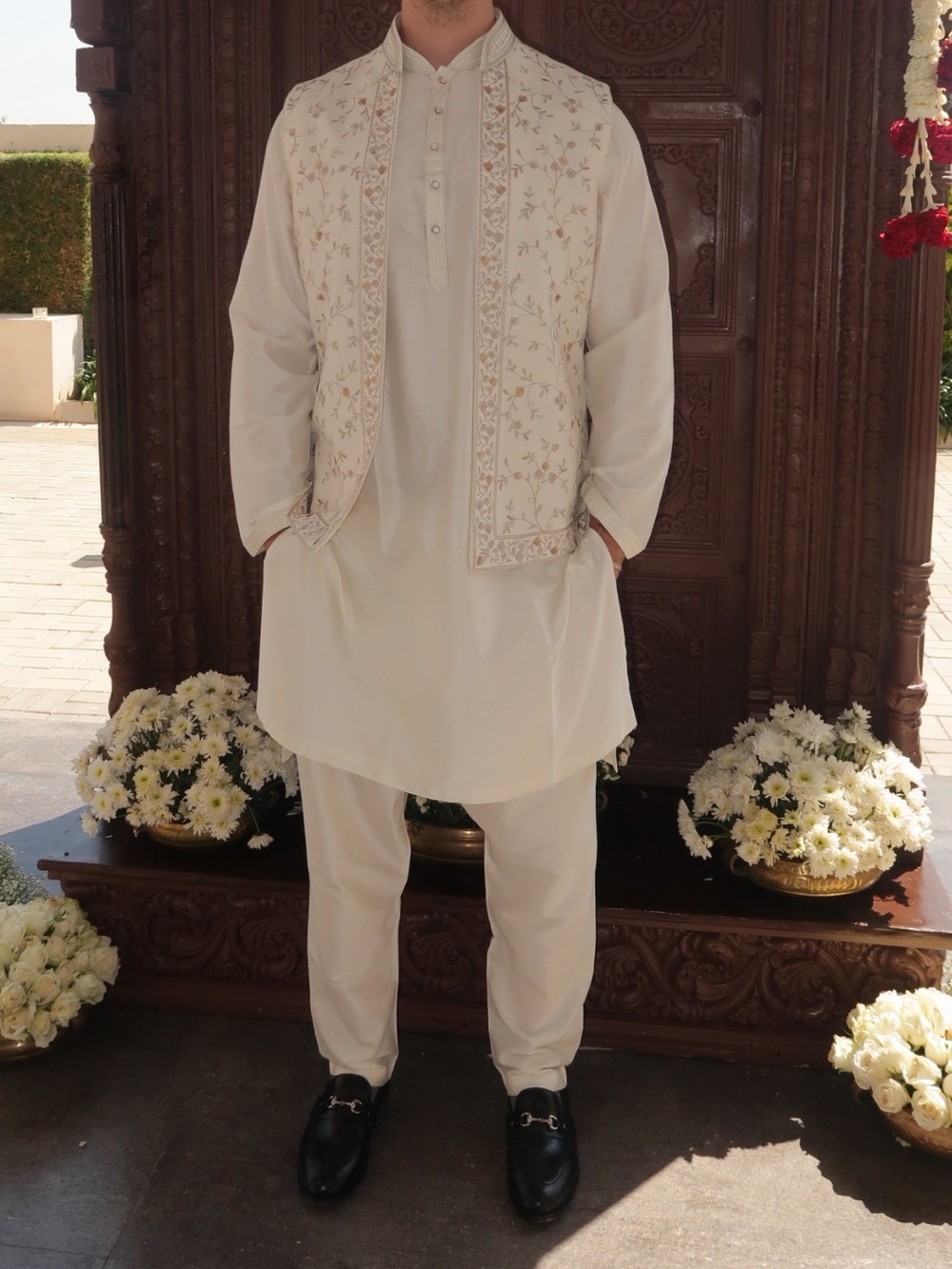 Cream Embroidered Nehru Kurta Set for Men